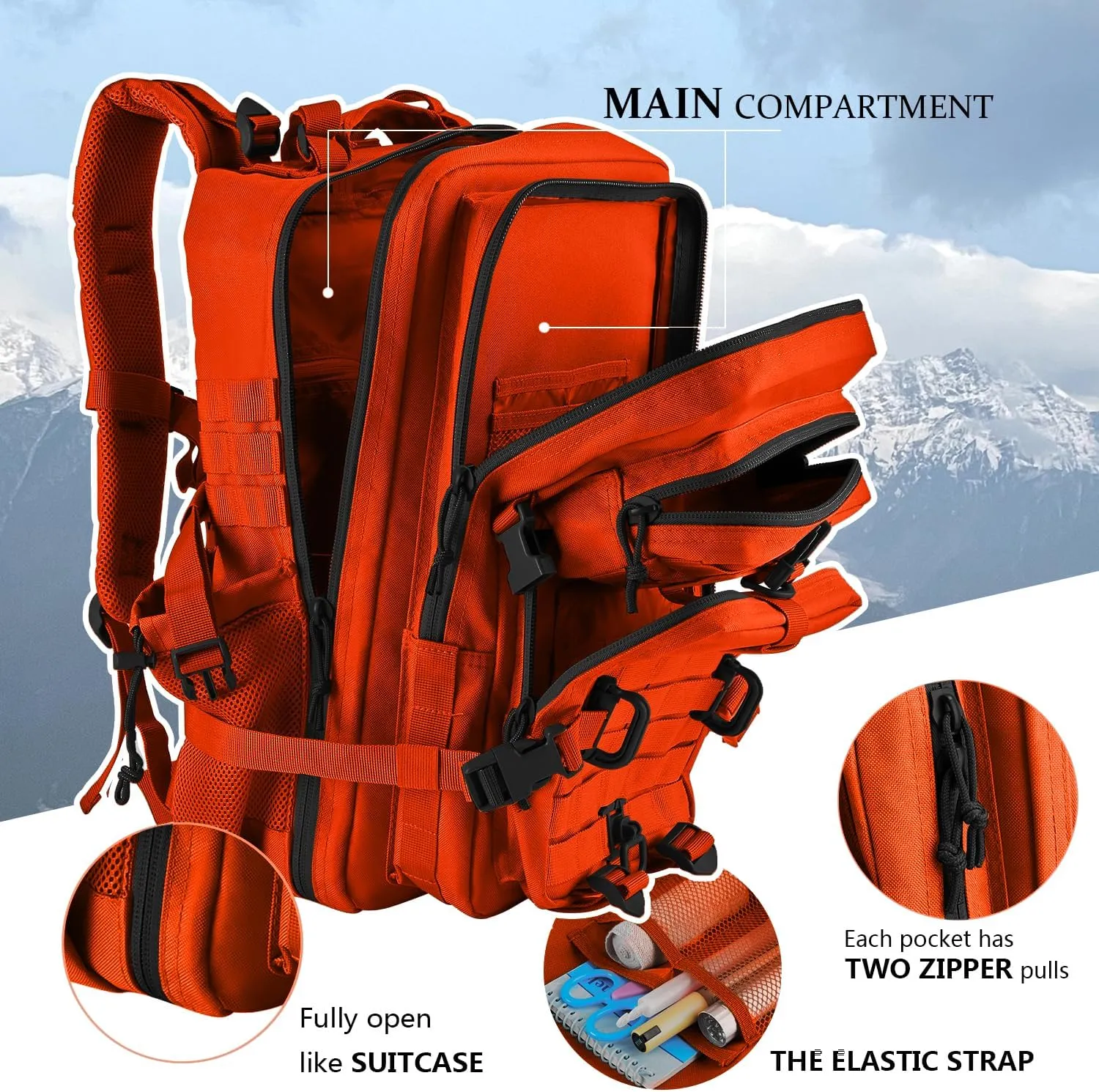 45L MOLLE Assault Pack, Tactical Backpack Military Army Camping Rucksack with Bottle Holder, 3-Day Pack Trip w/USA Flag Patch, D-Rings, Orange