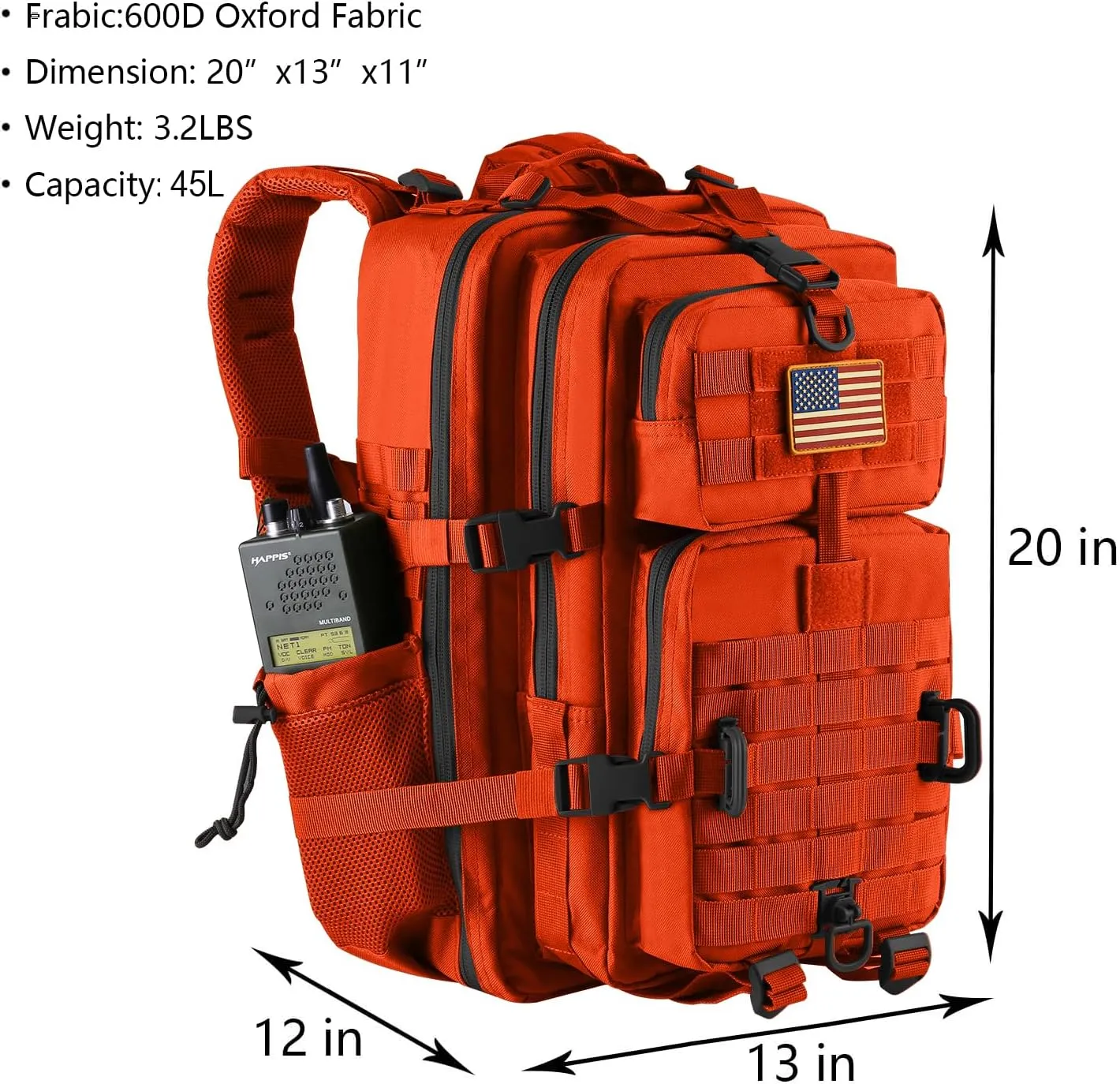 45L MOLLE Assault Pack, Tactical Backpack Military Army Camping Rucksack with Bottle Holder, 3-Day Pack Trip w/USA Flag Patch, D-Rings, Orange