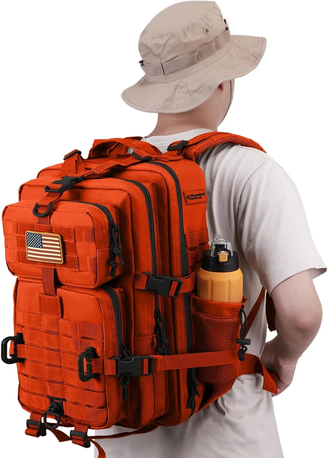 45L MOLLE Assault Pack, Tactical Backpack Military Army Camping Rucksack with Bottle Holder, 3-Day Pack Trip w/USA Flag Patch, D-Rings, Orange