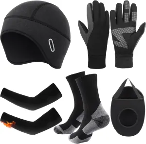 5 Pcs Cycling Warm Accessories Skull Cap Helmet Liner, Shoe Covers, Socks, Gloves Arm Warmer for Men Women