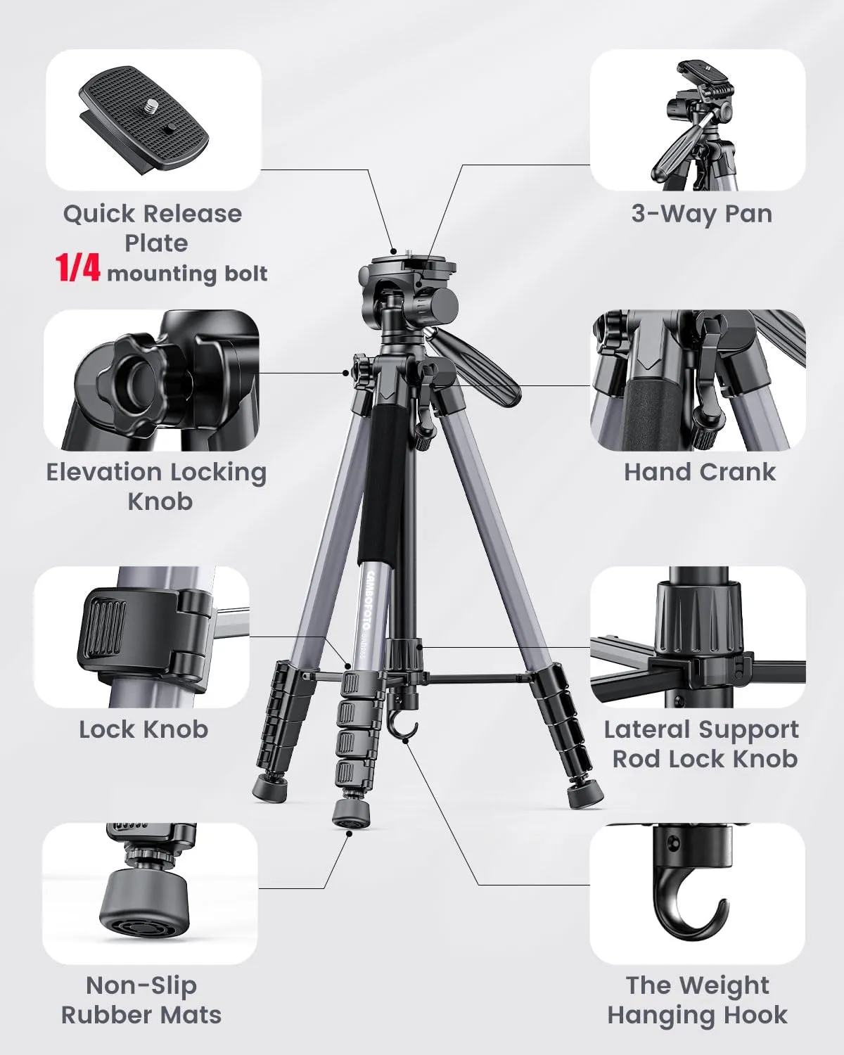 74"-Camera-Tripod, Professional Aluminum Tripod/Leg Stand Mirrorless Camera/DSLR/Cell Phone/Camcorder/GoPro, with Phone Holder and Travel Bag (Gunmetal Gray) Weight 2.8 lbs Load 8.8 lbs