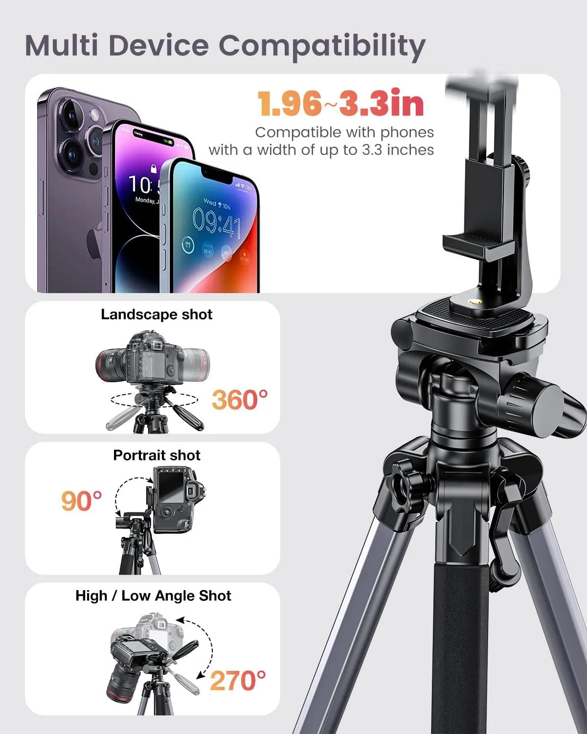 74"-Camera-Tripod, Professional Aluminum Tripod/Leg Stand Mirrorless Camera/DSLR/Cell Phone/Camcorder/GoPro, with Phone Holder and Travel Bag (Gunmetal Gray) Weight 2.8 lbs Load 8.8 lbs