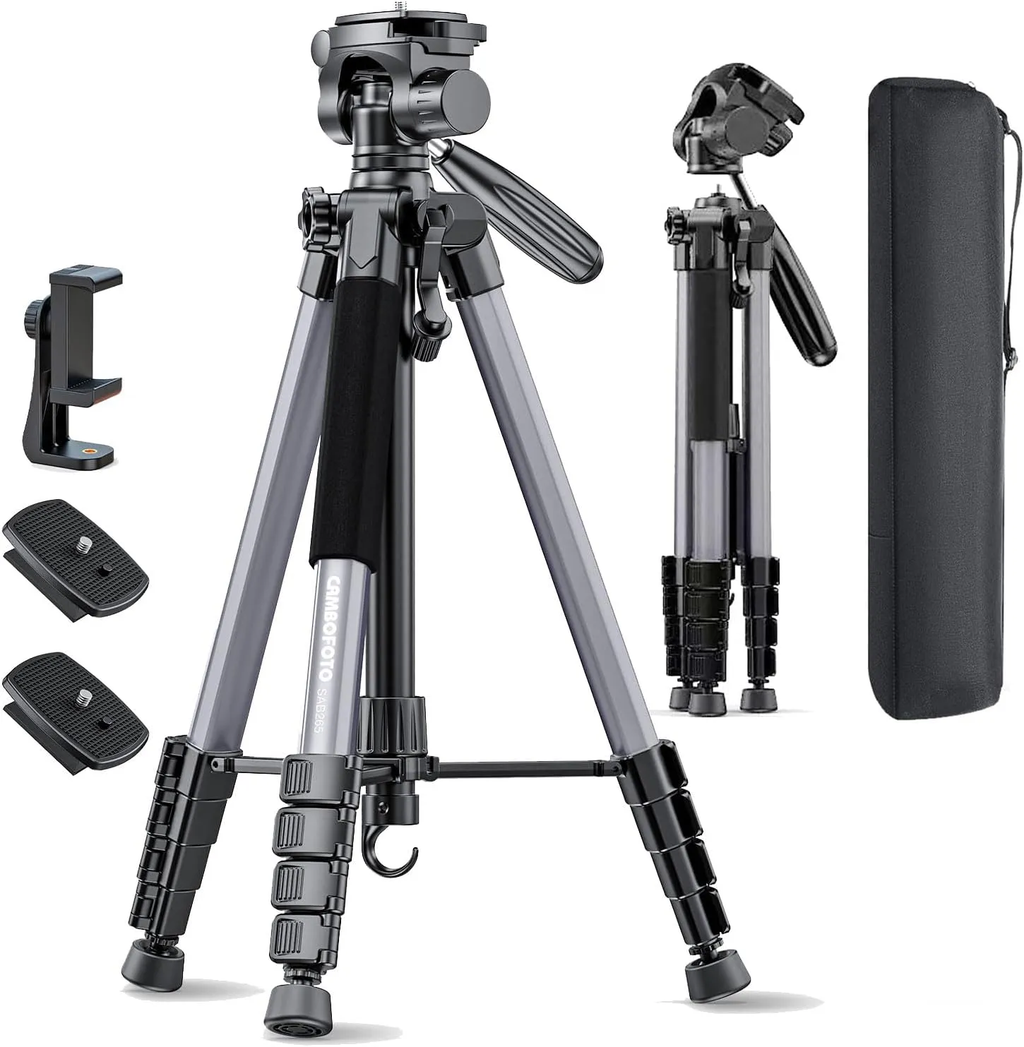 74"-Camera-Tripod, Professional Aluminum Tripod/Leg Stand Mirrorless Camera/DSLR/Cell Phone/Camcorder/GoPro, with Phone Holder and Travel Bag (Gunmetal Gray) Weight 2.8 lbs Load 8.8 lbs