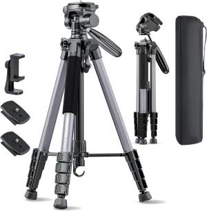 74"-Camera-Tripod, Professional Aluminum Tripod/Leg Stand Mirrorless Camera/DSLR/Cell Phone/Camcorder/GoPro, with Phone Holder and Travel Bag (Gunmetal Gray) Weight 2.8 lbs Load 8.8 lbs