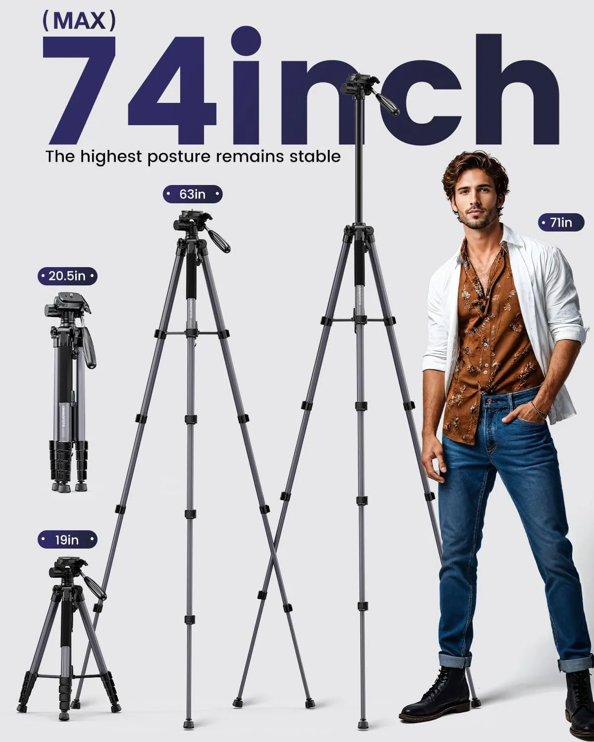 74"-Camera-Tripod, Professional Aluminum Tripod/Leg Stand Mirrorless Camera/DSLR/Cell Phone/Camcorder/GoPro, with Phone Holder and Travel Bag (Gunmetal Gray) Weight 2.8 lbs Load 8.8 lbs