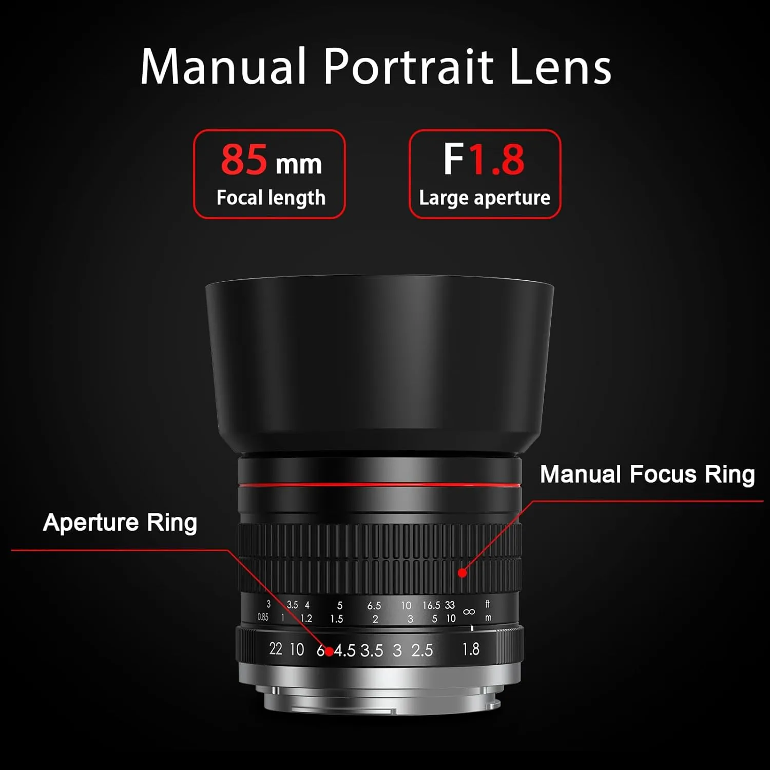 85mm Lens for Canon RF - 85mm f1.8 Portrait Lens Manual Focus(MF) for Canon EOS R/Ra/RP/R3/R5/R5 C/R6/R6 Mark II /R7/R8/R10/R50/R100 Mirrorless Camera (for Canon RF)