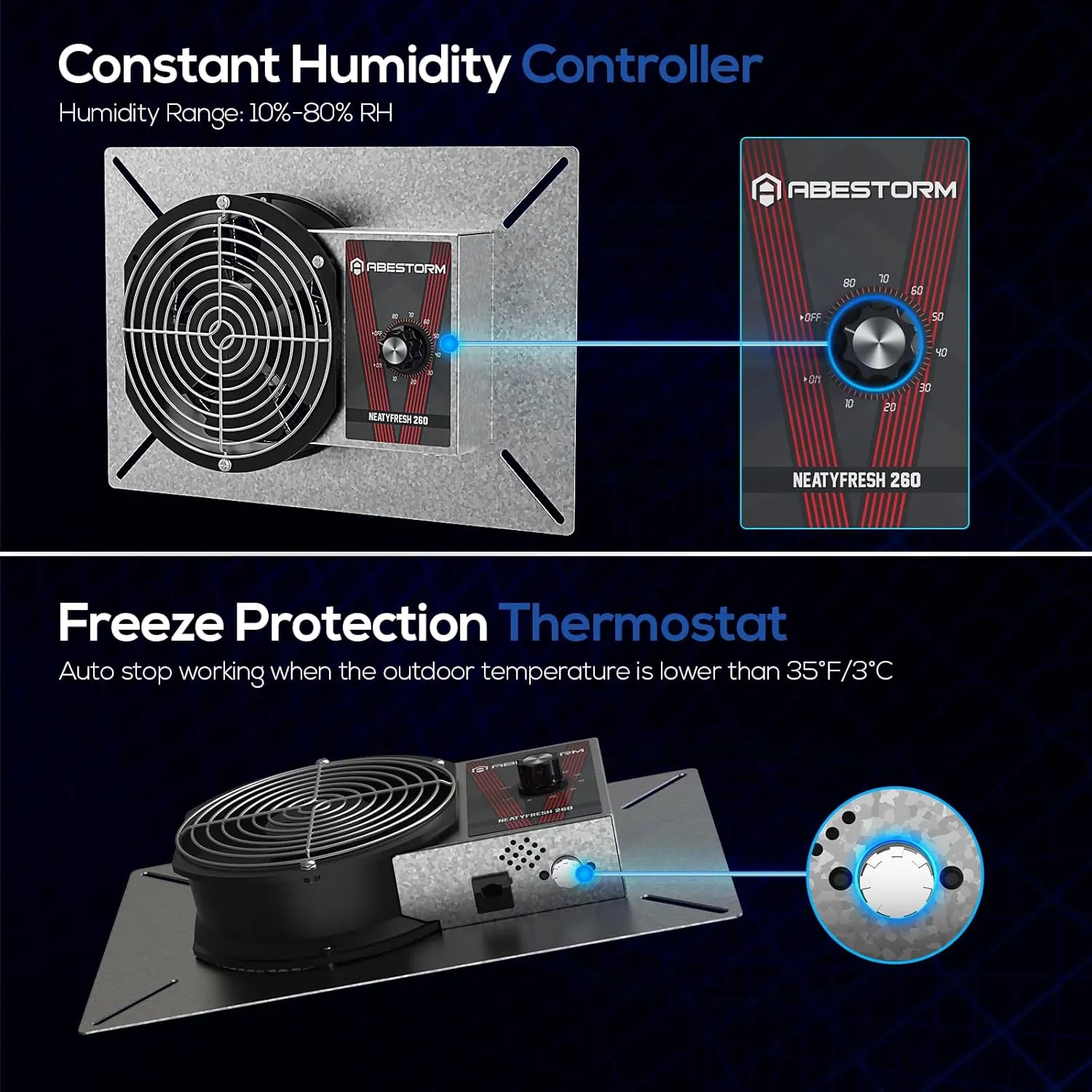 Abestorm 540CFM IP-55 Rated Crawlspace Ventilation Fan with Humidistat Thermostat, 8.7inch Basement Vent Fans with Isolation Mesh, Ventilator Fan for Crawl Space Basement Garage Attic Grow Tent
