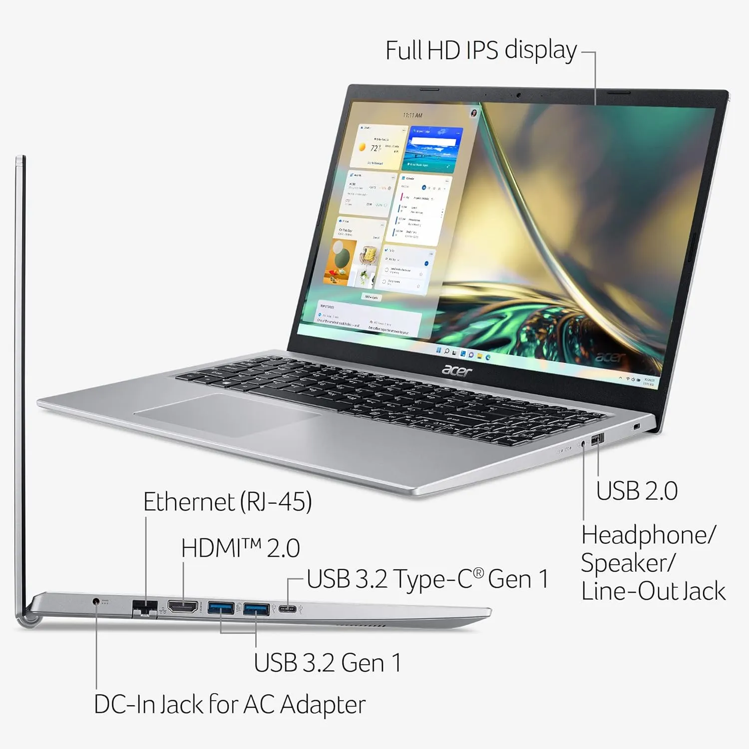 Acer Aspire 5 A515-56-32DK Slim Laptop - 15.6" Full HD IPS Display - 11th Gen Intel i3-1115G4 Dual Core Processor - 4GB DDR4 - 128GB NVMe SSD - WiFi 6 - Amazon Alexa - Windows 11 Home in S mode.