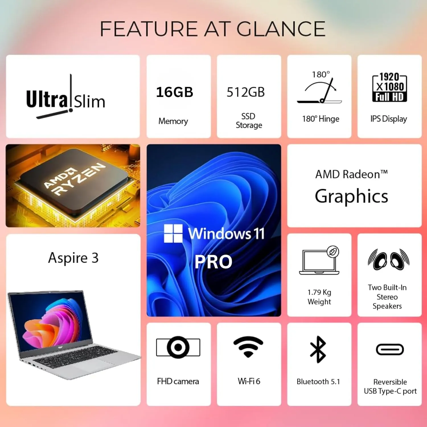 acer Aspire Premium Slim Laptop - 15.6" Full HD IPS 1080P Display - AMD Ryzen 3 7330U Quad-Core Processor - 16GB RAM - 512GB NVMe SSD - Webcam - Wi-Fi 6 - AI PC - Windows 11 Pro - No Mouse