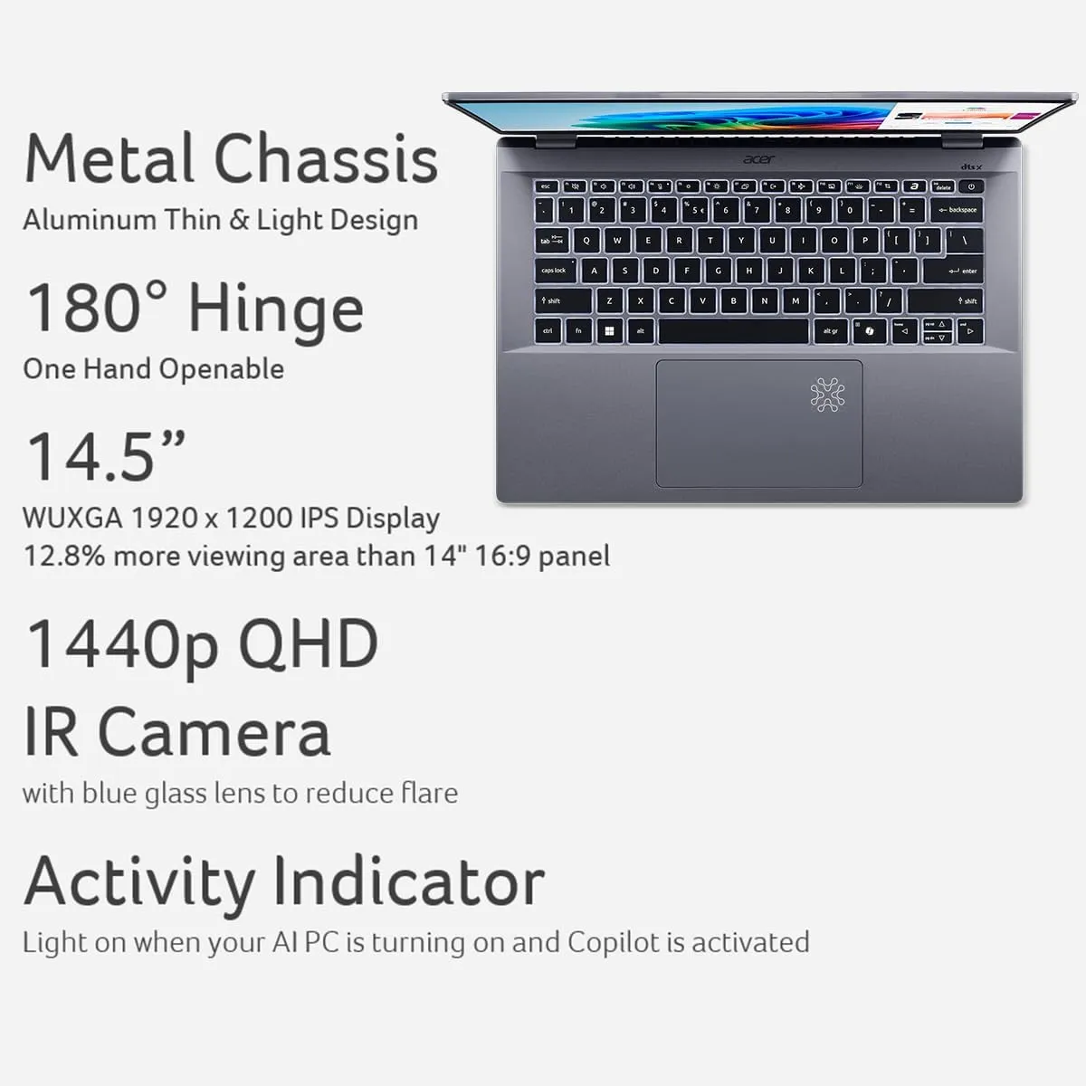 acer Swift Go 14 AI Copilot  PC | 14.5" 2.5K 120Hz Display | Unlock AI Experiences | Snapdragon X Plus 8-Core Processor | 16GB RAM | 1TB Gen 4 SSD | Wi-Fi 7 | Windows 11 Home | SFG14-01-X006
