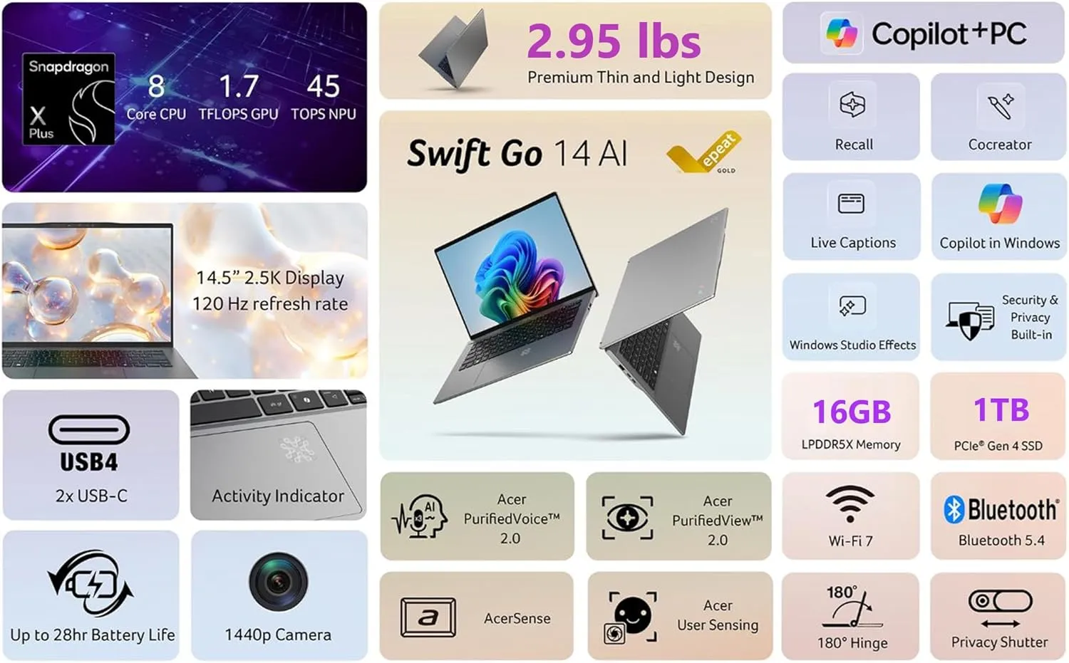 acer Swift Go 14 AI Copilot  PC | 14.5" 2.5K 120Hz Display | Unlock AI Experiences | Snapdragon X Plus 8-Core Processor | 16GB RAM | 1TB Gen 4 SSD | Wi-Fi 7 | Windows 11 Home | SFG14-01-X006