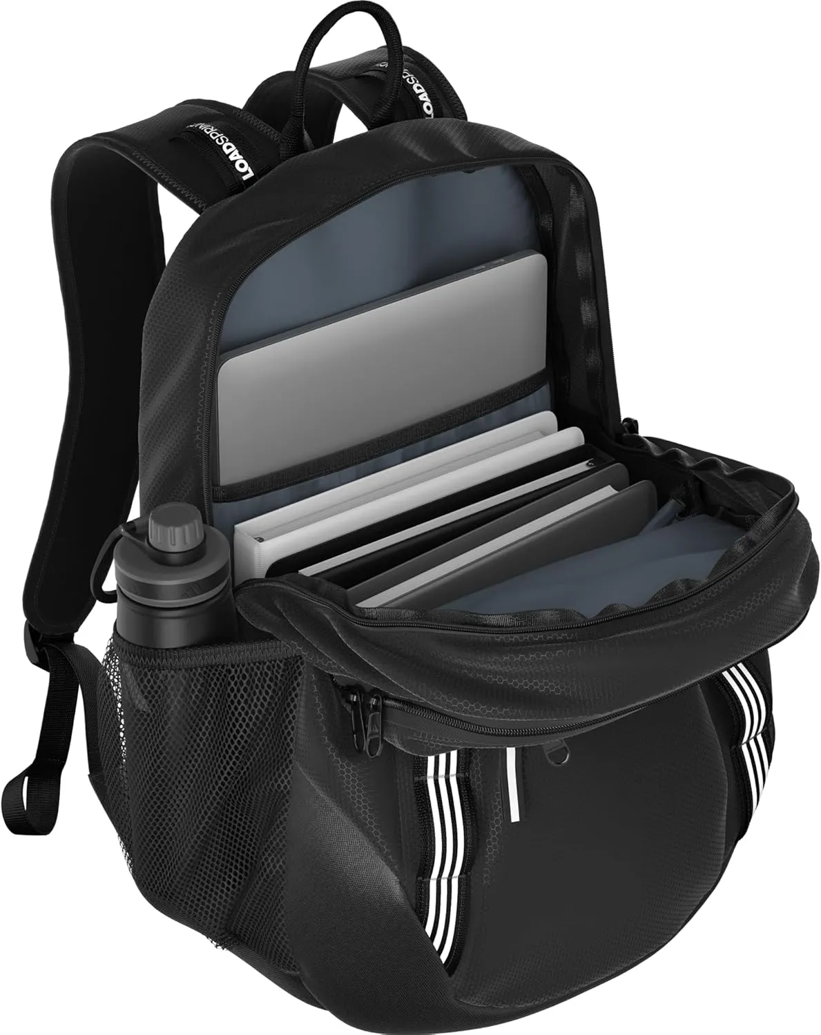 adidas Excelerator Backpack with Laptop Sleeve, Sport Bag for Men and Women, Black/White 3 Stripe Webbing, One Size
