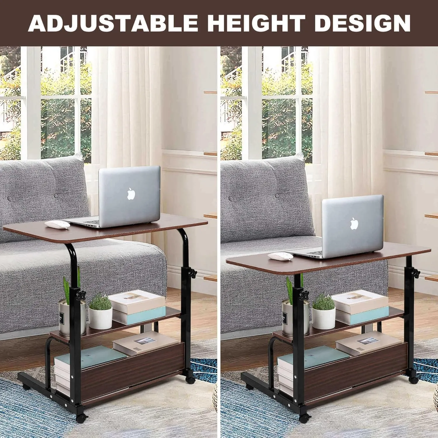 Adjustable Height Mobile Computer Desk for Small Space Rolling Writing with Wheels Corner Home Office Study Portable Bedrooms Work Desk Standing Desk Sizes 31.5X15.7 Inches Brown