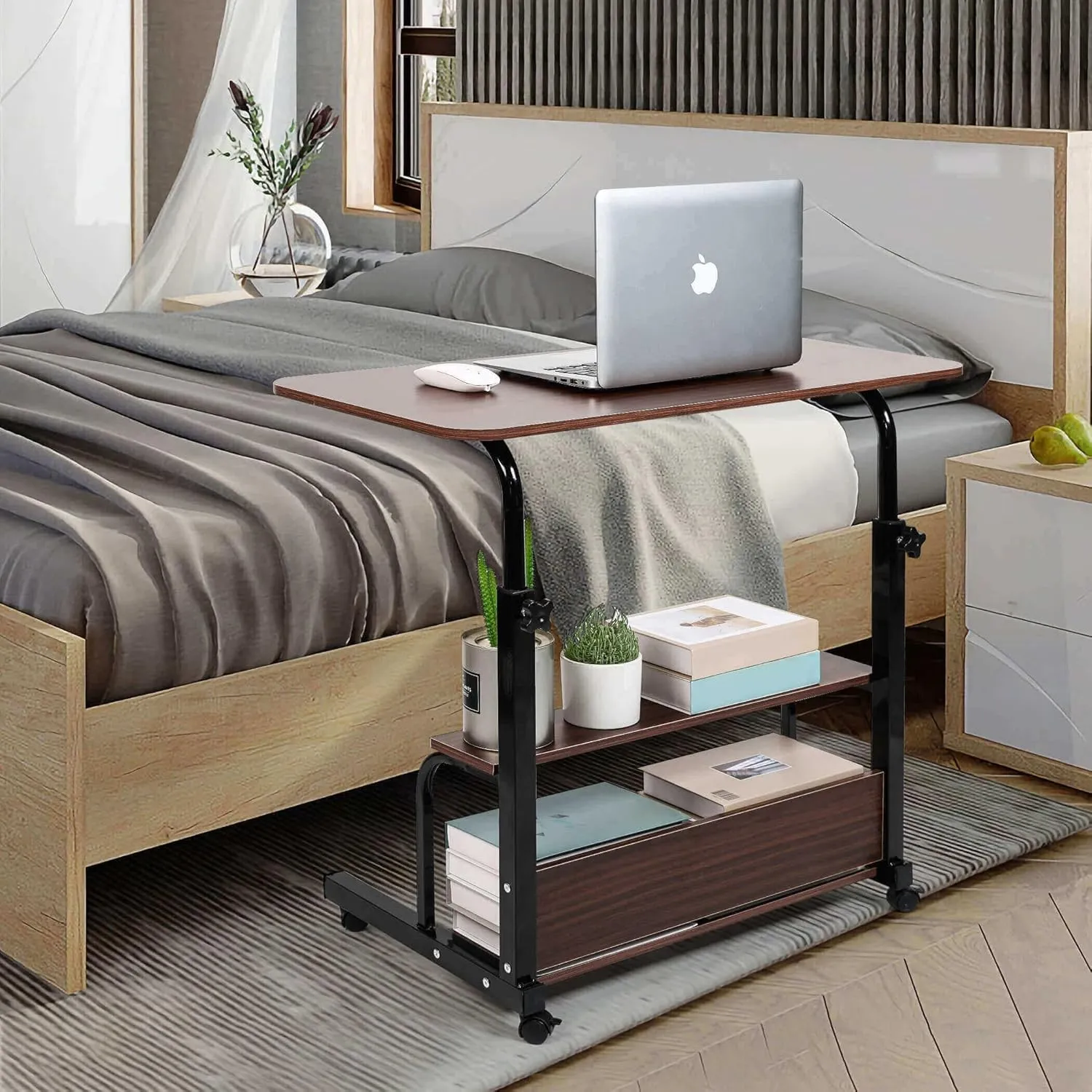 Adjustable Height Mobile Computer Desk for Small Space Rolling Writing with Wheels Corner Home Office Study Portable Bedrooms Work Desk Standing Desk Sizes 31.5X15.7 Inches Brown