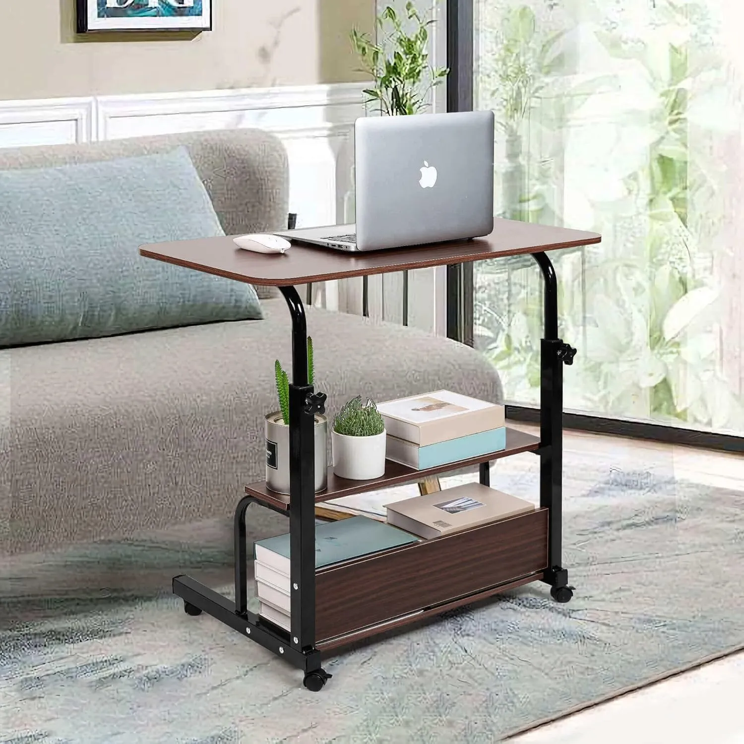 Adjustable Height Mobile Computer Desk for Small Space Rolling Writing with Wheels Corner Home Office Study Portable Bedrooms Work Desk Standing Desk Sizes 31.5X15.7 Inches Brown