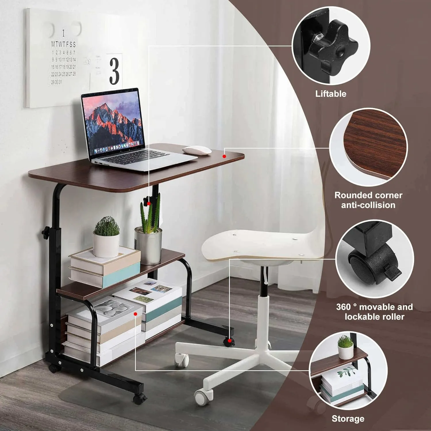 Adjustable Height Mobile Computer Desk for Small Space Rolling Writing with Wheels Corner Home Office Study Portable Bedrooms Work Desk Standing Desk Sizes 31.5X15.7 Inches Brown