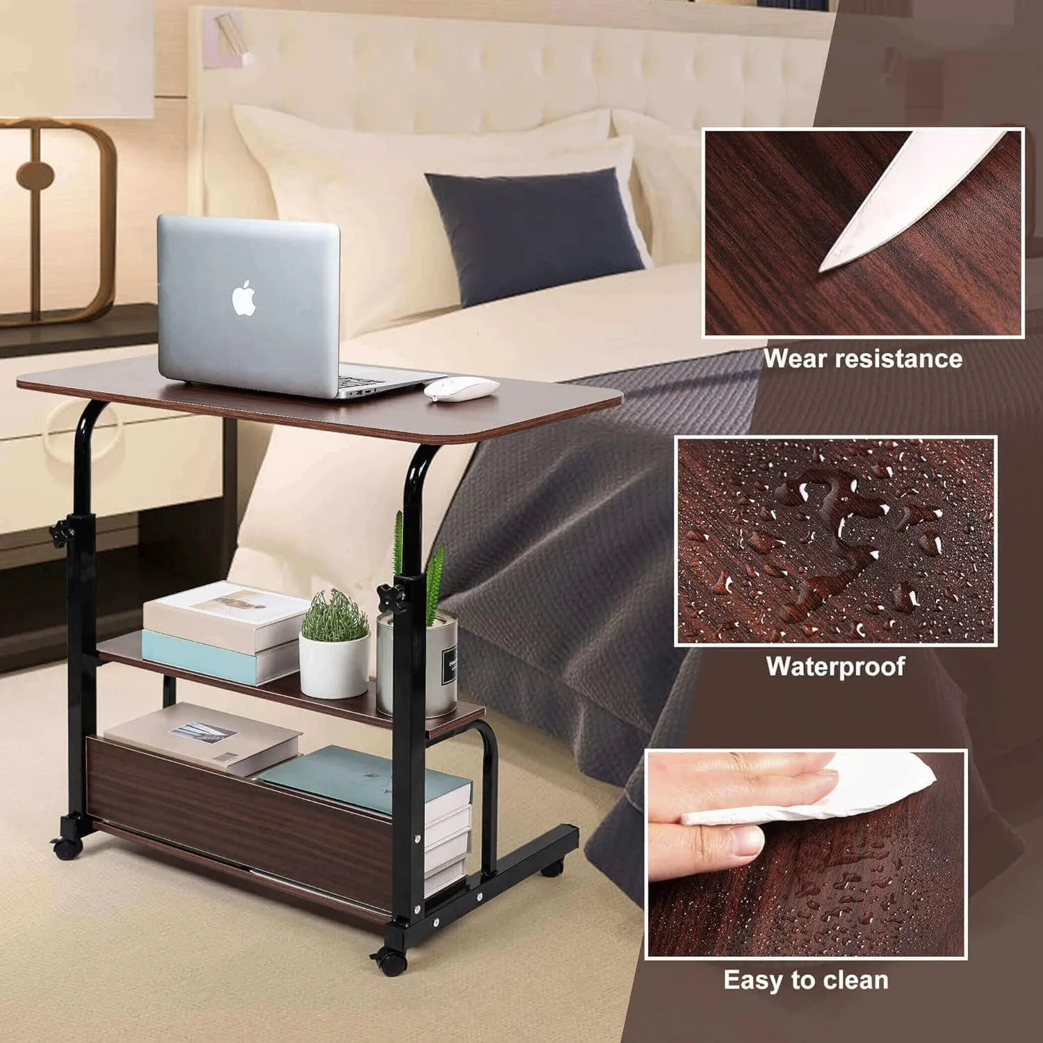 Adjustable Height Mobile Computer Desk for Small Space Rolling Writing with Wheels Corner Home Office Study Portable Bedrooms Work Desk Standing Desk Sizes 31.5X15.7 Inches Brown