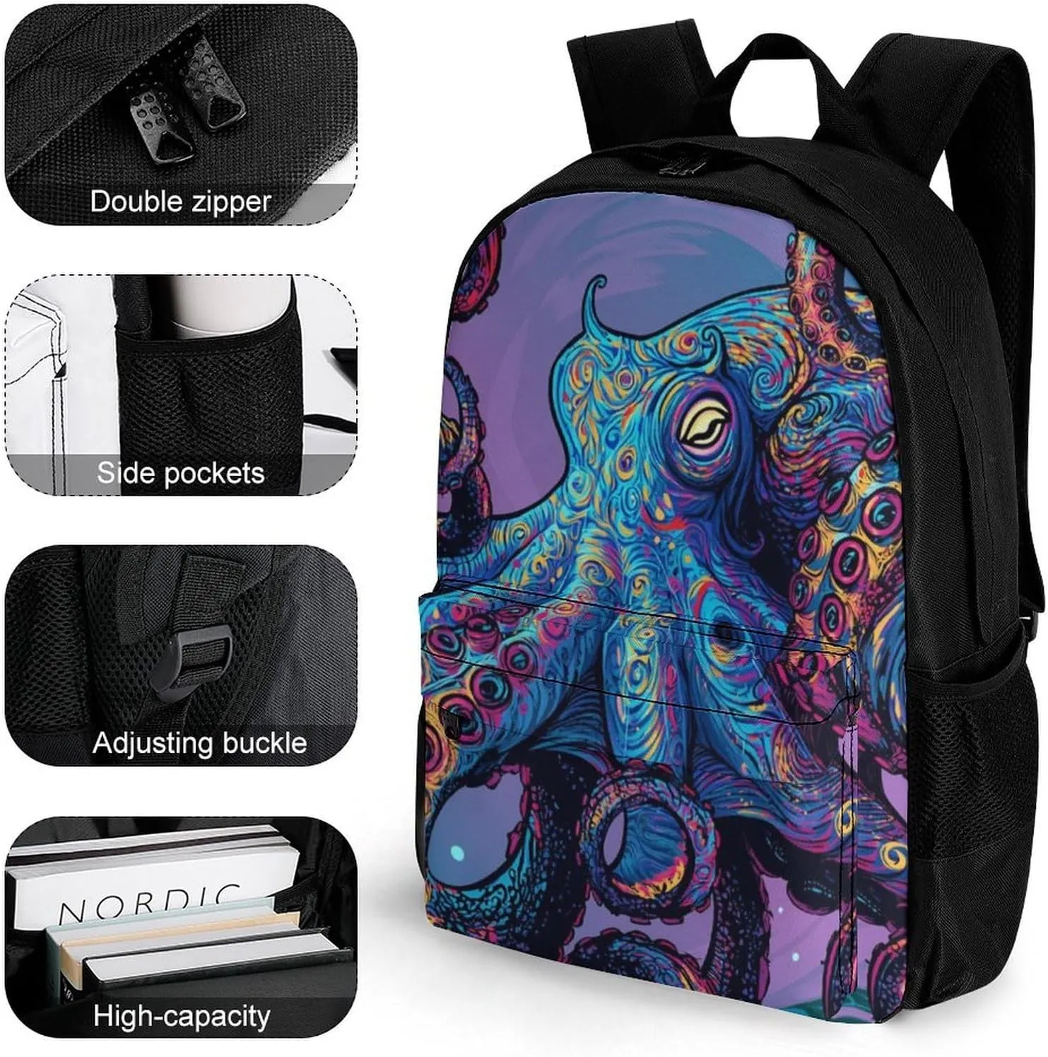 Adults Lightweight Octopus Art Rucksacks Large Capacity Bookbag With Adjustable Shoulder Straps for Trekking Outdoors Bicycle