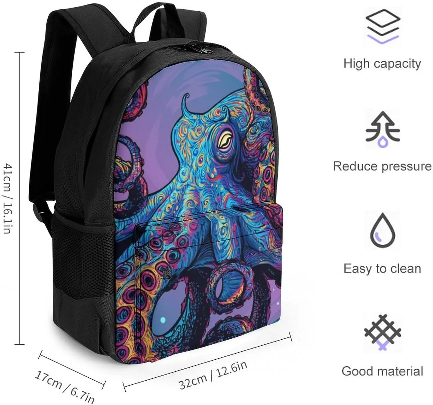 Adults Lightweight Octopus Art Rucksacks Large Capacity Bookbag With Adjustable Shoulder Straps for Trekking Outdoors Bicycle
