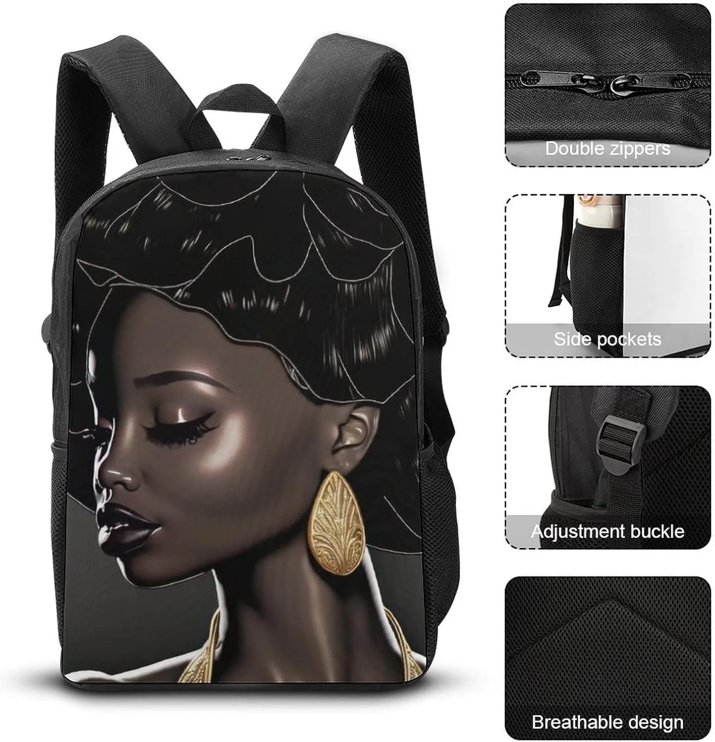 African American Black Woman Backpack with Adjustable Straps, Suitable for Travel Picnics Activities