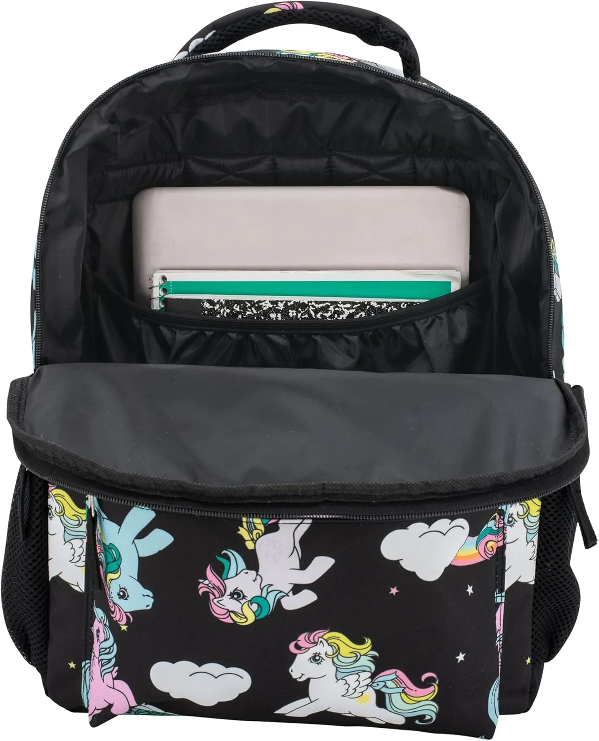AI ACCESSORY INNOVATIONS My Little Pony Backpack 16” Backpack With Front Pocket for Girls, MLP Allover Print Bookbag Featuring Rainbow Dash, Fluttershy, Melody, and Twilight Sparkle, Black