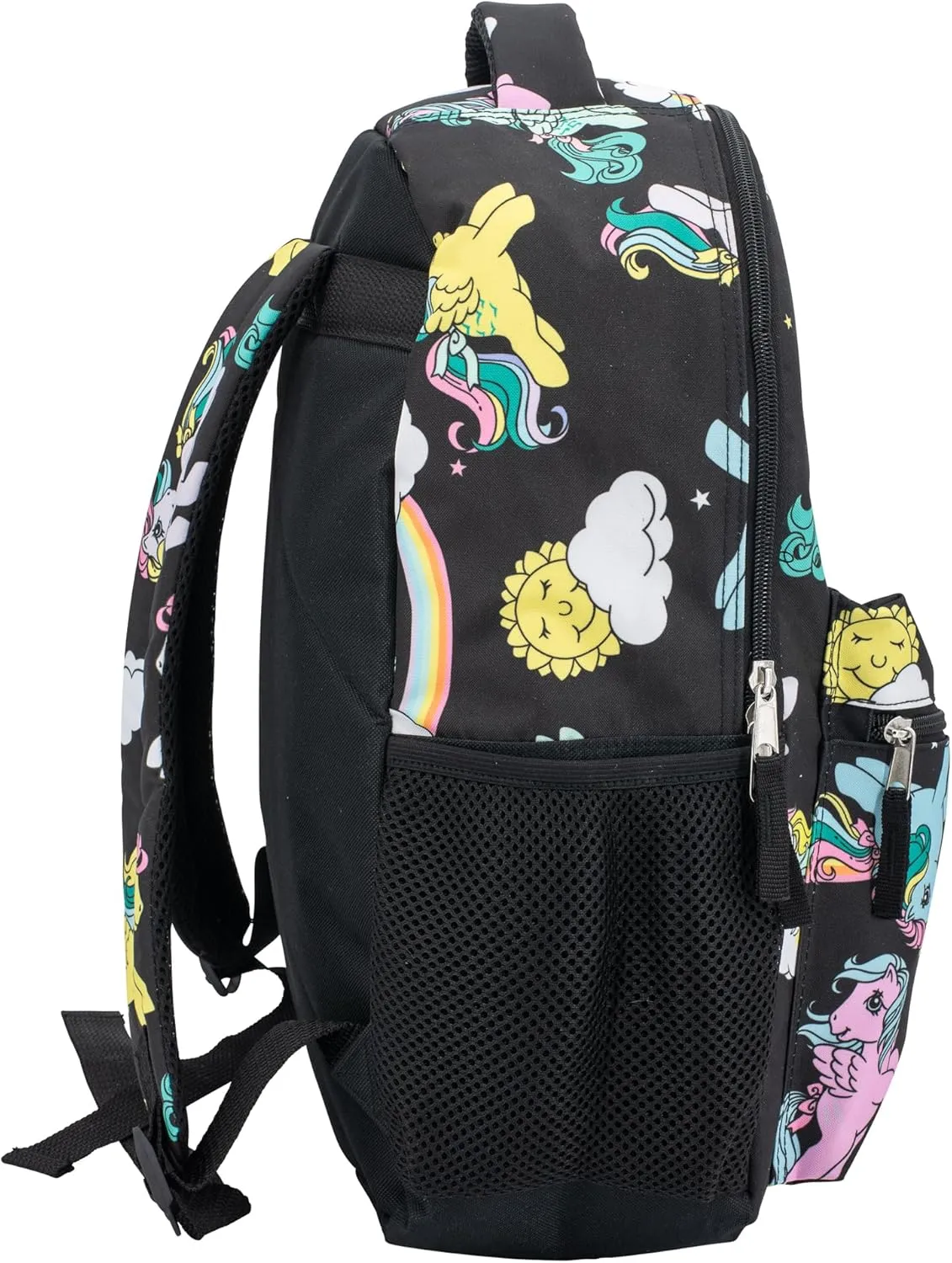 AI ACCESSORY INNOVATIONS My Little Pony Backpack 16” Backpack With Front Pocket for Girls, MLP Allover Print Bookbag Featuring Rainbow Dash, Fluttershy, Melody, and Twilight Sparkle, Black
