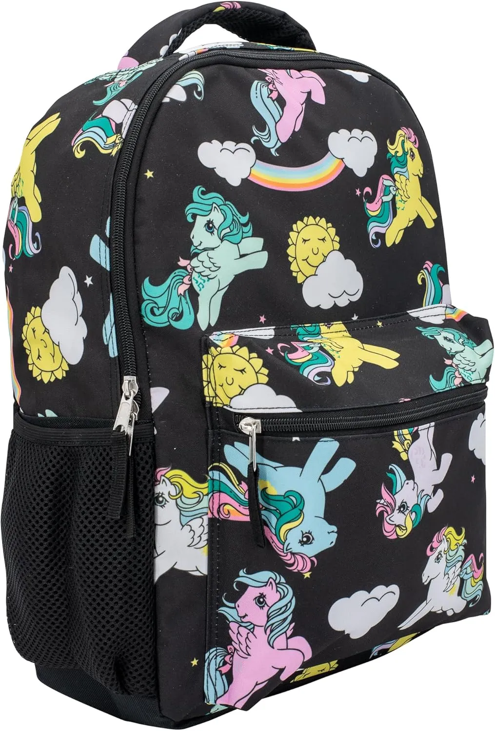 AI ACCESSORY INNOVATIONS My Little Pony Backpack 16” Backpack With Front Pocket for Girls, MLP Allover Print Bookbag Featuring Rainbow Dash, Fluttershy, Melody, and Twilight Sparkle, Black