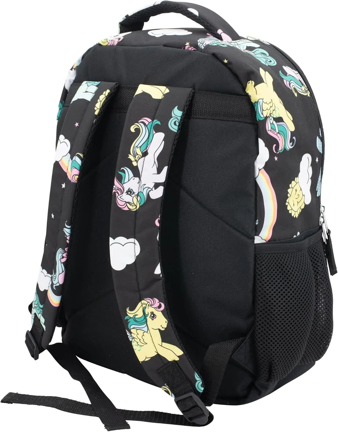 AI ACCESSORY INNOVATIONS My Little Pony Backpack 16” Backpack With Front Pocket for Girls, MLP Allover Print Bookbag Featuring Rainbow Dash, Fluttershy, Melody, and Twilight Sparkle, Black