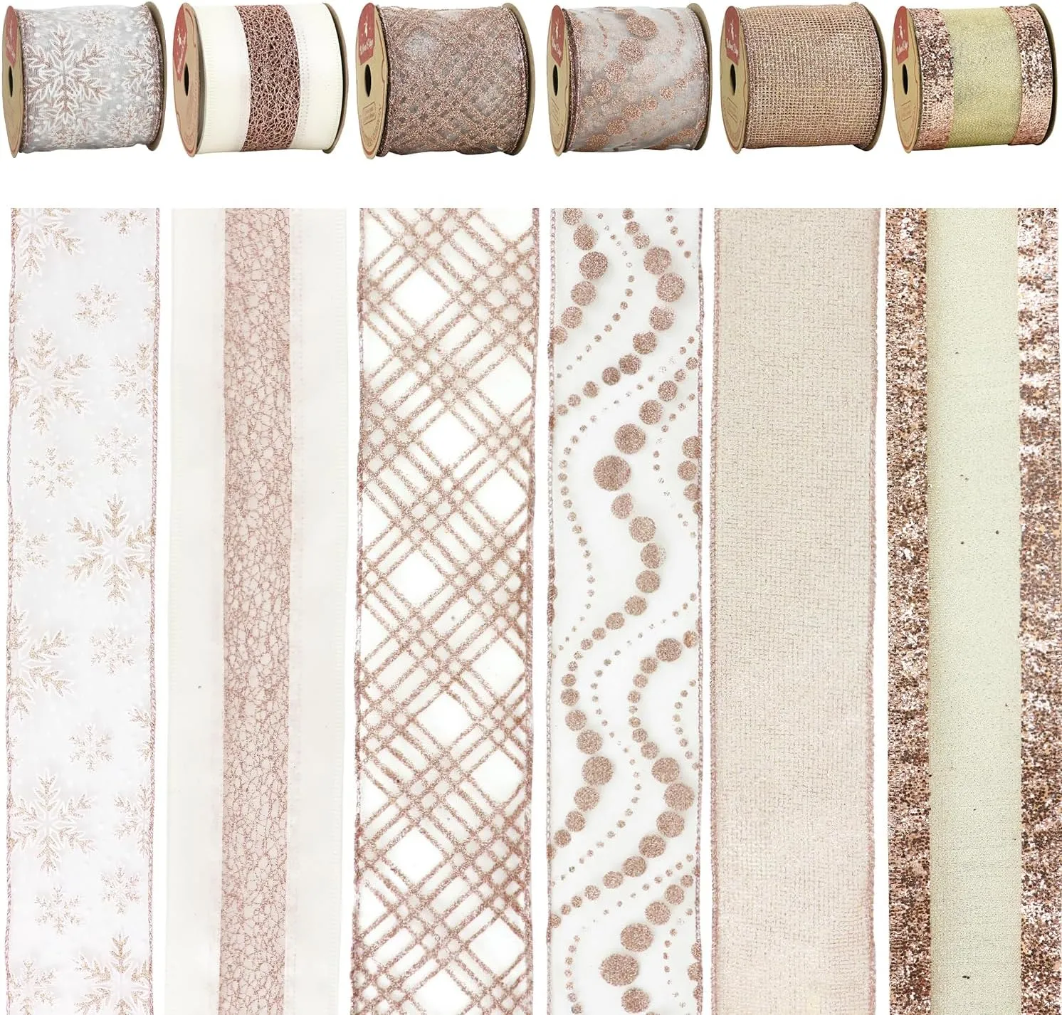 AIMUDI Rose Gold Christmas Ribbon Wired 2.5" Pink Ribbon for Christmas Tree Garland 6 Rolls 36 Yards Rose Gold Glitter Wired Ribbon for Wreaths, Gift Wrapping, Crafts, Topper Bow, Holiday Decoration