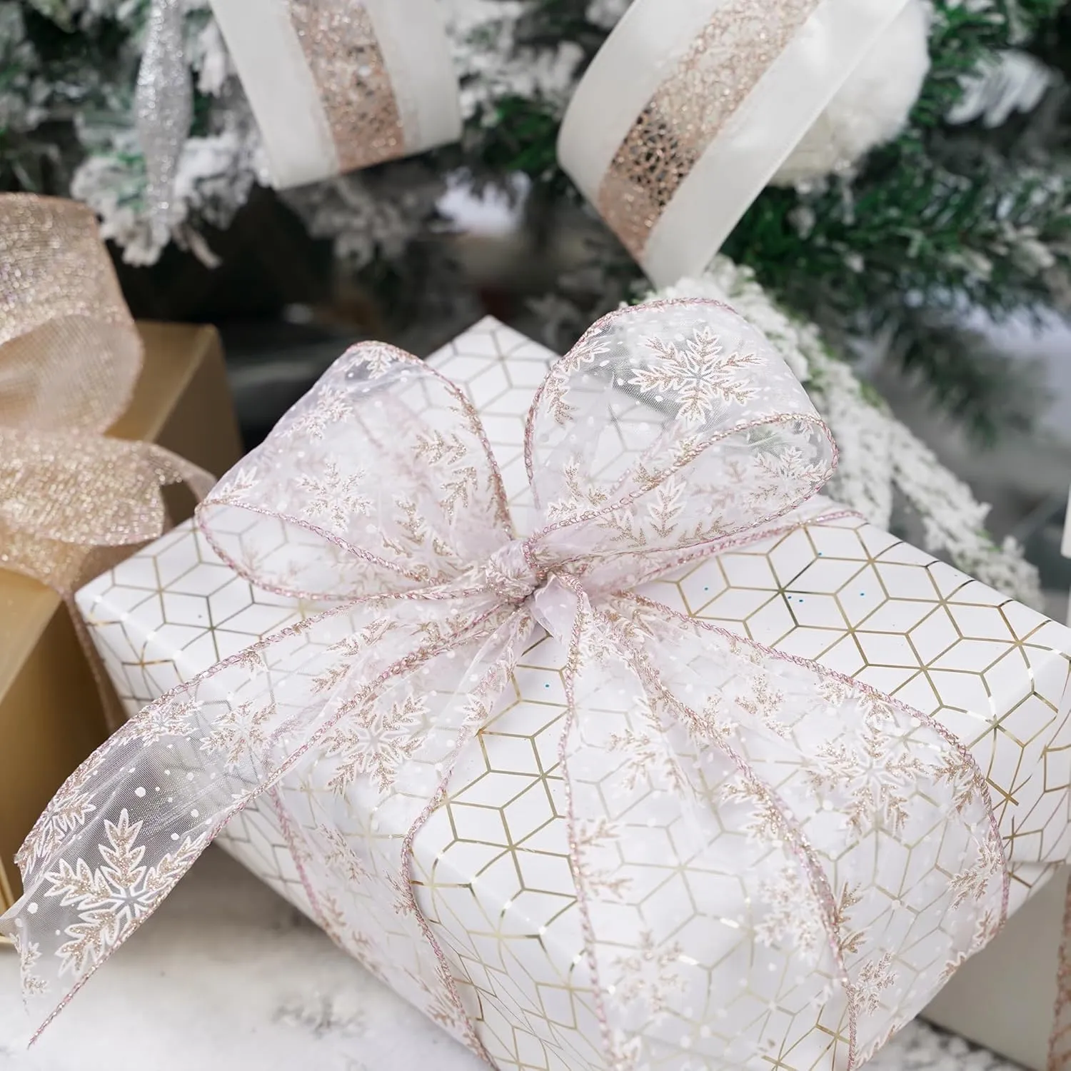 AIMUDI Rose Gold Christmas Ribbon Wired 2.5" Pink Ribbon for Christmas Tree Garland 6 Rolls 36 Yards Rose Gold Glitter Wired Ribbon for Wreaths, Gift Wrapping, Crafts, Topper Bow, Holiday Decoration