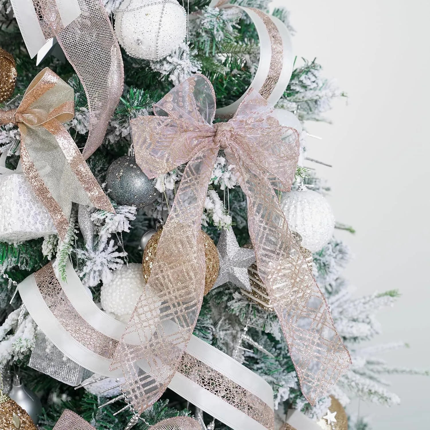 AIMUDI Rose Gold Christmas Ribbon Wired 2.5" Pink Ribbon for Christmas Tree Garland 6 Rolls 36 Yards Rose Gold Glitter Wired Ribbon for Wreaths, Gift Wrapping, Crafts, Topper Bow, Holiday Decoration
