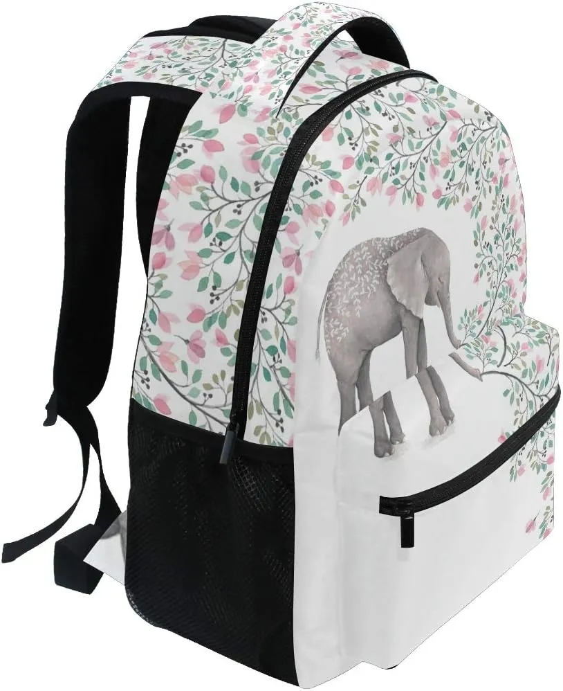 ALAZA Elephant With Flowers Floral White Stylish Large Backpack Personalized Laptop iPad Tablet Travel School Bag with Multiple Pockets