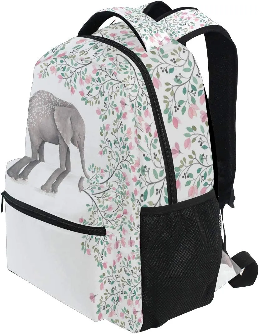 ALAZA Elephant With Flowers Floral White Stylish Large Backpack Personalized Laptop iPad Tablet Travel School Bag with Multiple Pockets