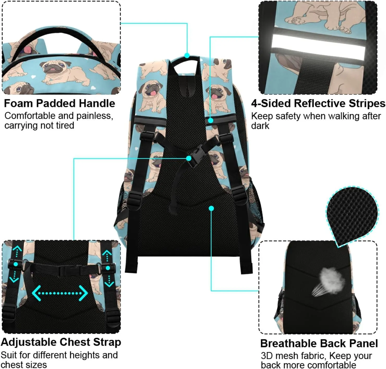 ALAZA Funny Cartoon Pugs Puppy Dogs Backpacks Travel Laptop Daypack School Book Bag for Men Women Teens Kids 33