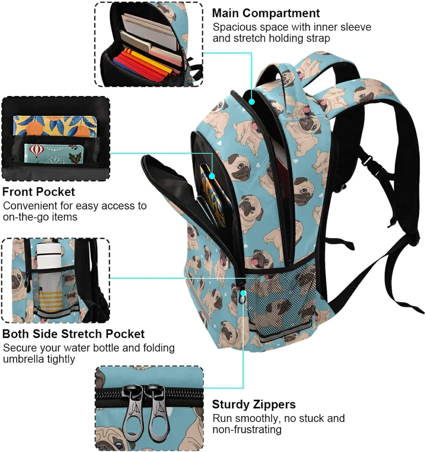 ALAZA Funny Cartoon Pugs Puppy Dogs Backpacks Travel Laptop Daypack School Book Bag for Men Women Teens Kids 33