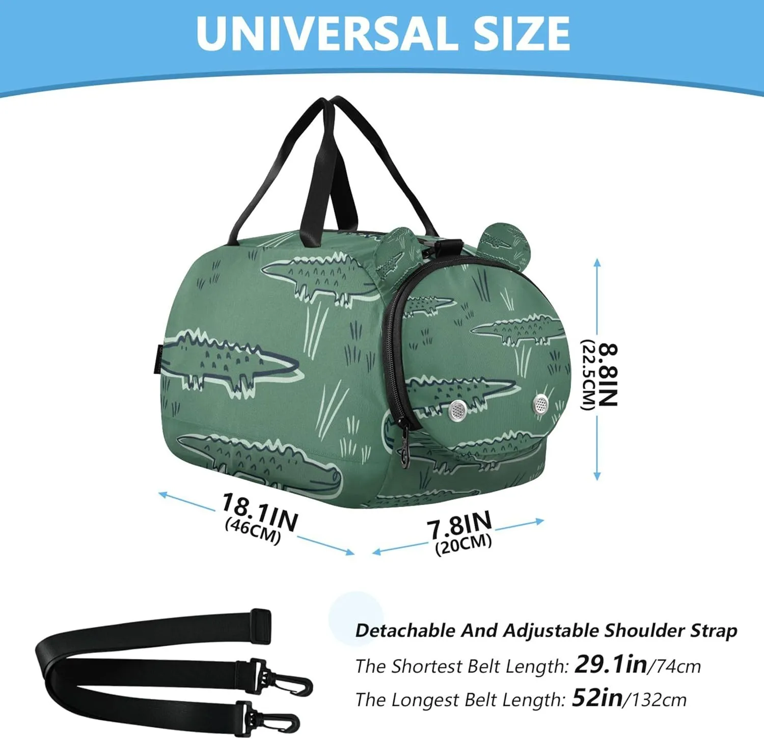 Alligator Crocodile Dinosaur Gym Duffel Bag with Shoes Compartment Large Capacity Weekender Overnight Range Bag for Boys and Girls