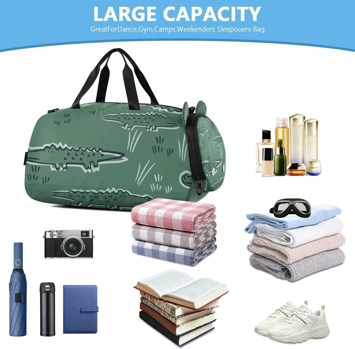 Alligator Crocodile Dinosaur Gym Duffel Bag with Shoes Compartment Large Capacity Weekender Overnight Range Bag for Boys and Girls