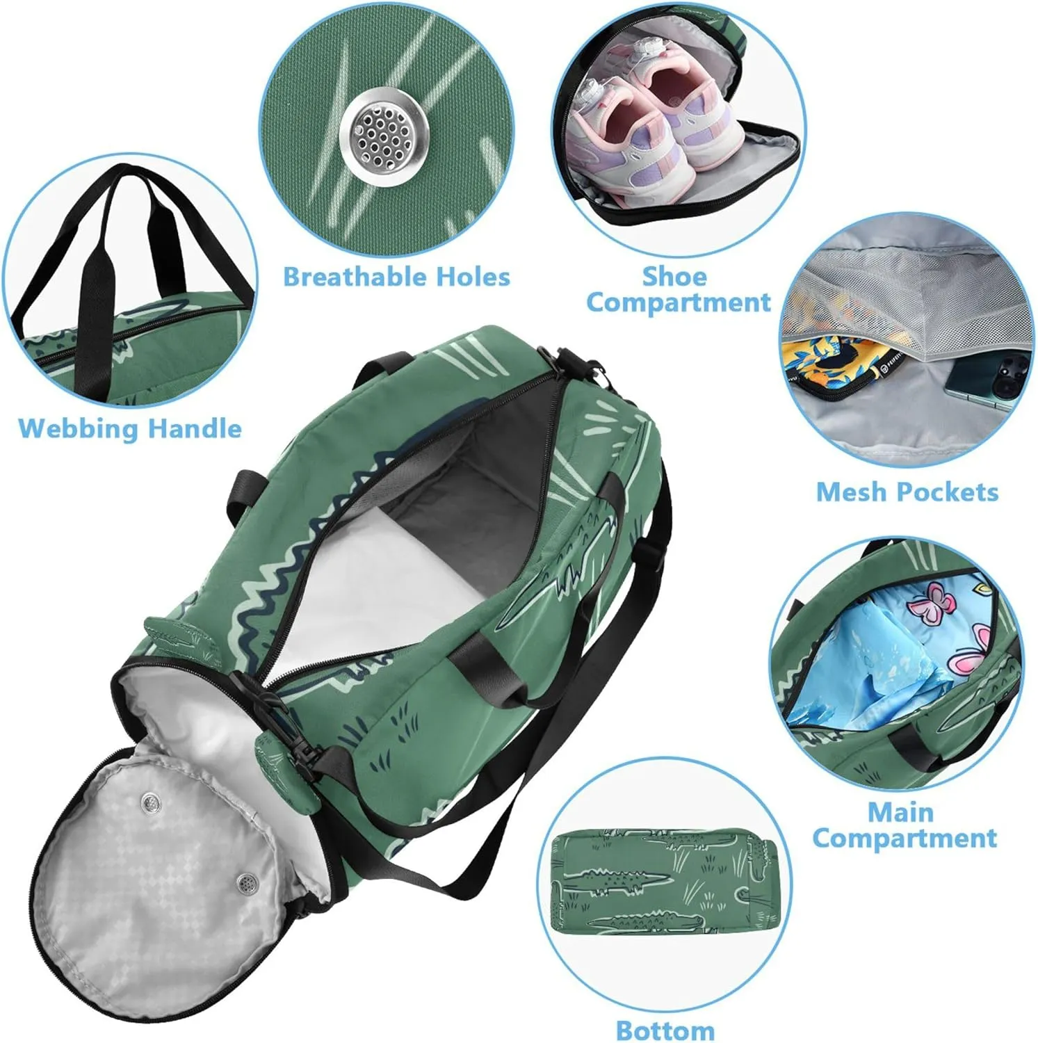 Alligator Crocodile Dinosaur Gym Duffel Bag with Shoes Compartment Large Capacity Weekender Overnight Range Bag for Boys and Girls