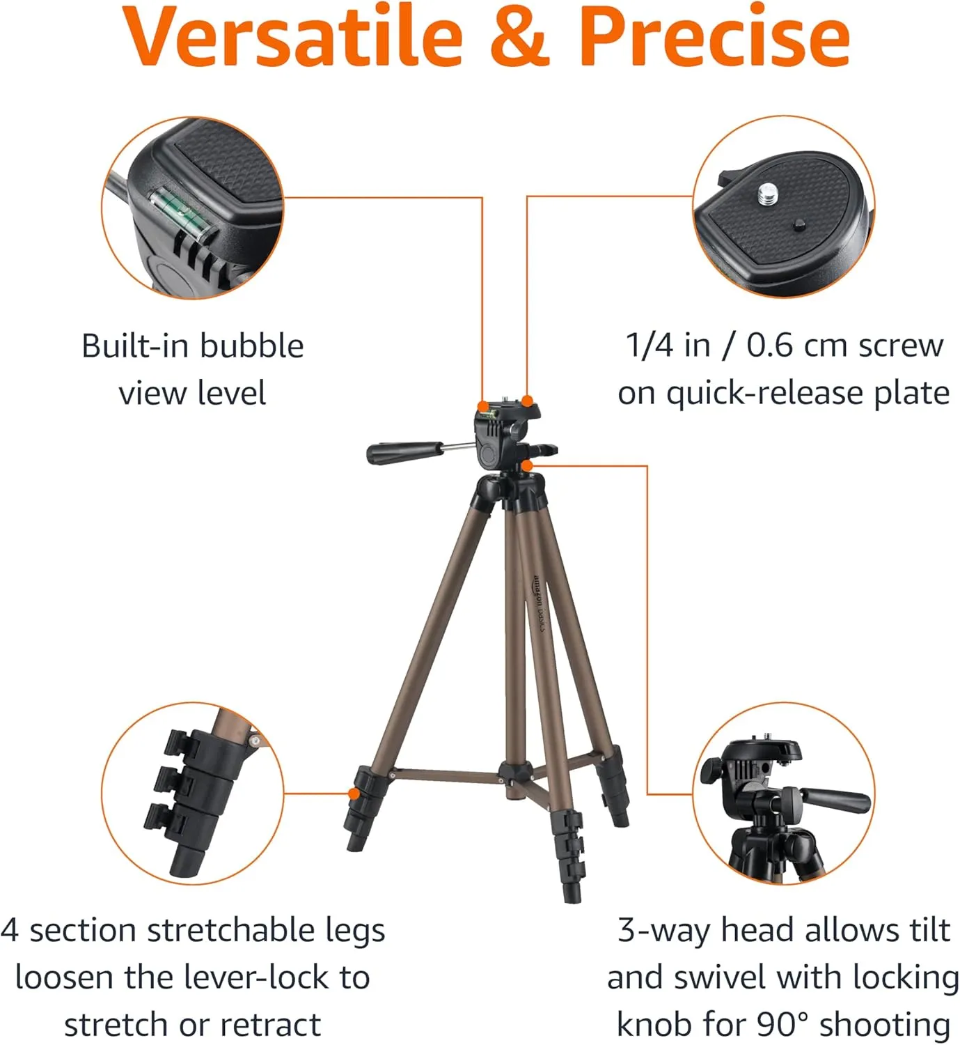 Amazon Basics 50-inch Lightweight Portable Camera Mount Tripod Stand with Bag, for Travel Photography, Champagne