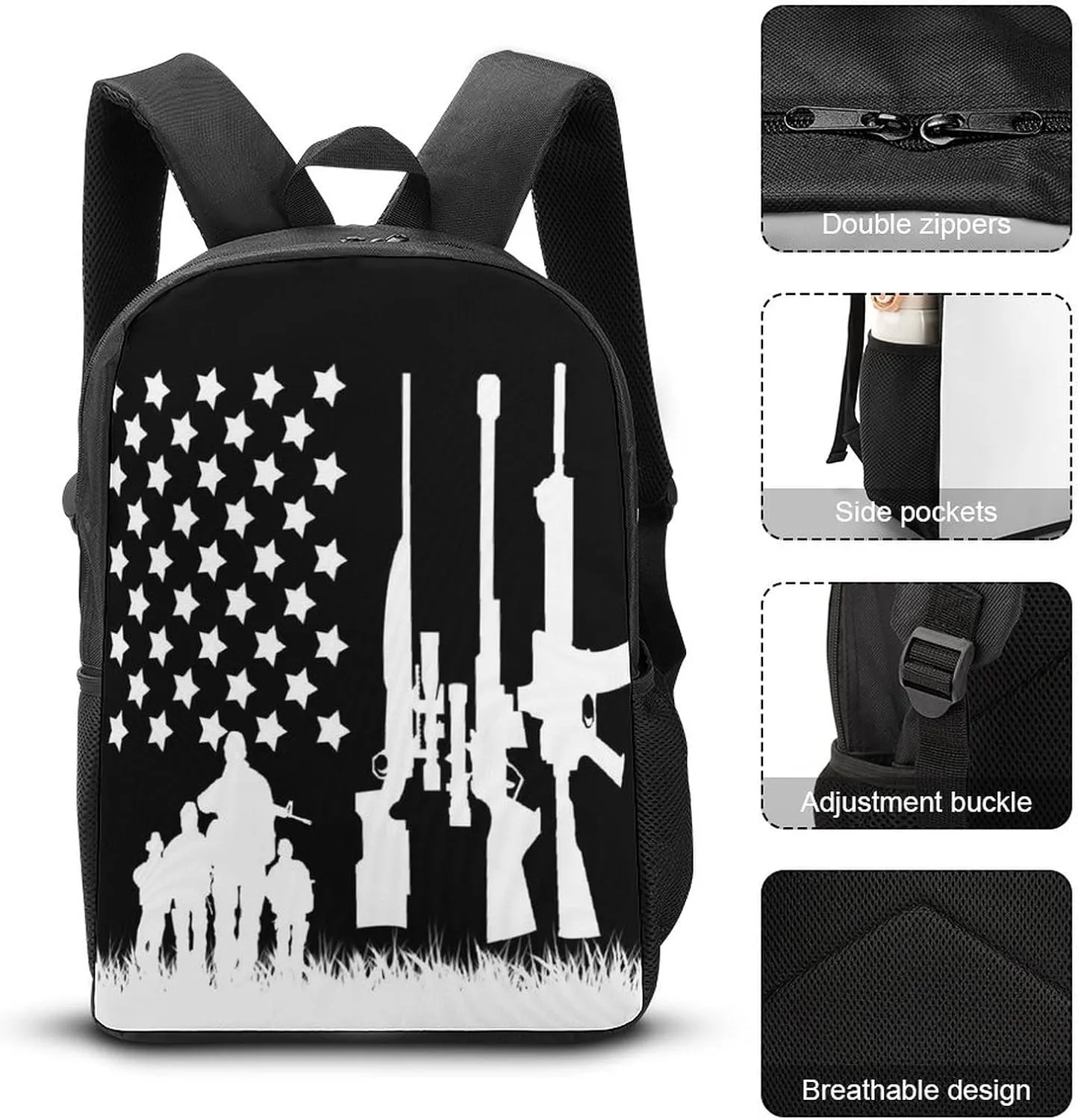 American Flag And Gun Pattern Backpack with Adjustable Straps, Suitable for Travel Picnics Activities