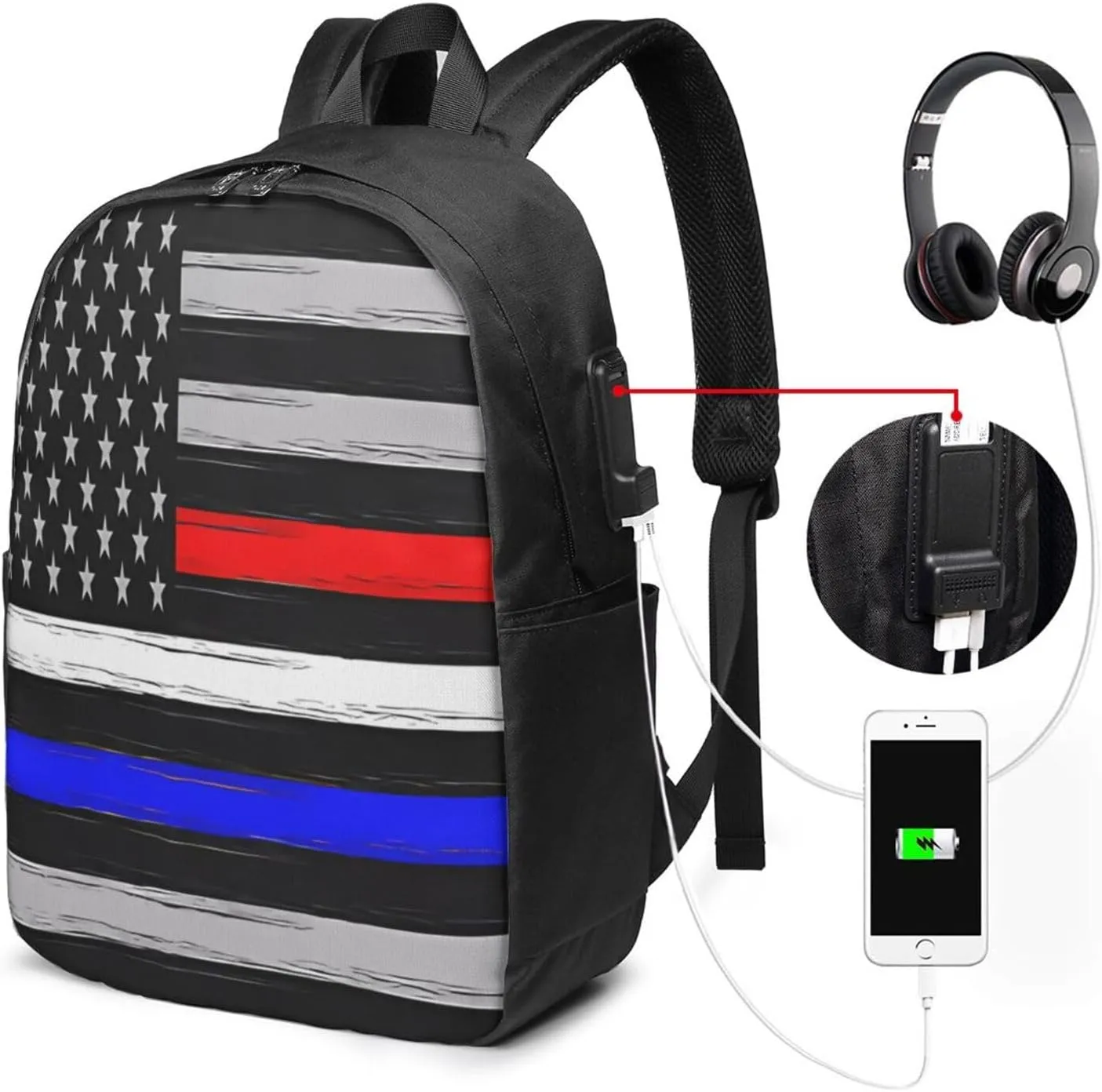 American Flag Thin Blue White Red Line Backpack 17 Inch Laptop Backpacks Outdoor Travel Rucksack Work Business Daypack with USB Port Carry On Bag for Cycling Hiking
