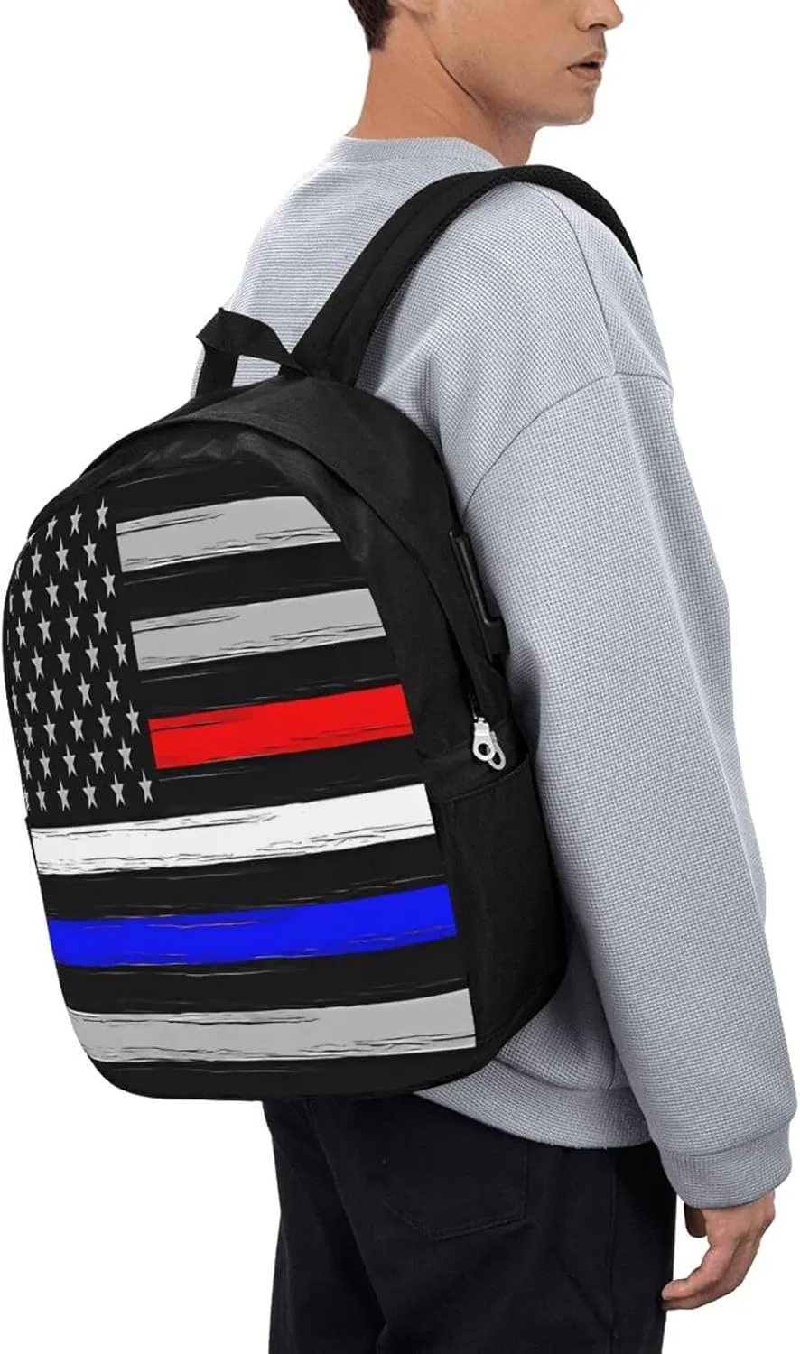 American Flag Thin Blue White Red Line Backpack 17 Inch Laptop Backpacks Outdoor Travel Rucksack Work Business Daypack with USB Port Carry On Bag for Cycling Hiking