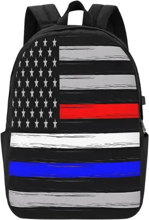 American Flag Thin Blue White Red Line Backpack 17 Inch Laptop Backpacks Outdoor Travel Rucksack Work Business Daypack with USB Port Carry On Bag for Cycling Hiking