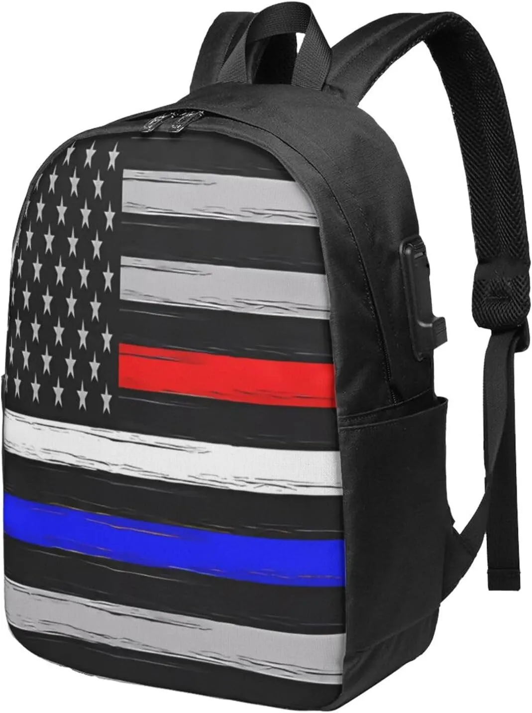 American Flag Thin Blue White Red Line Backpack 17 Inch Laptop Backpacks Outdoor Travel Rucksack Work Business Daypack with USB Port Carry On Bag for Cycling Hiking