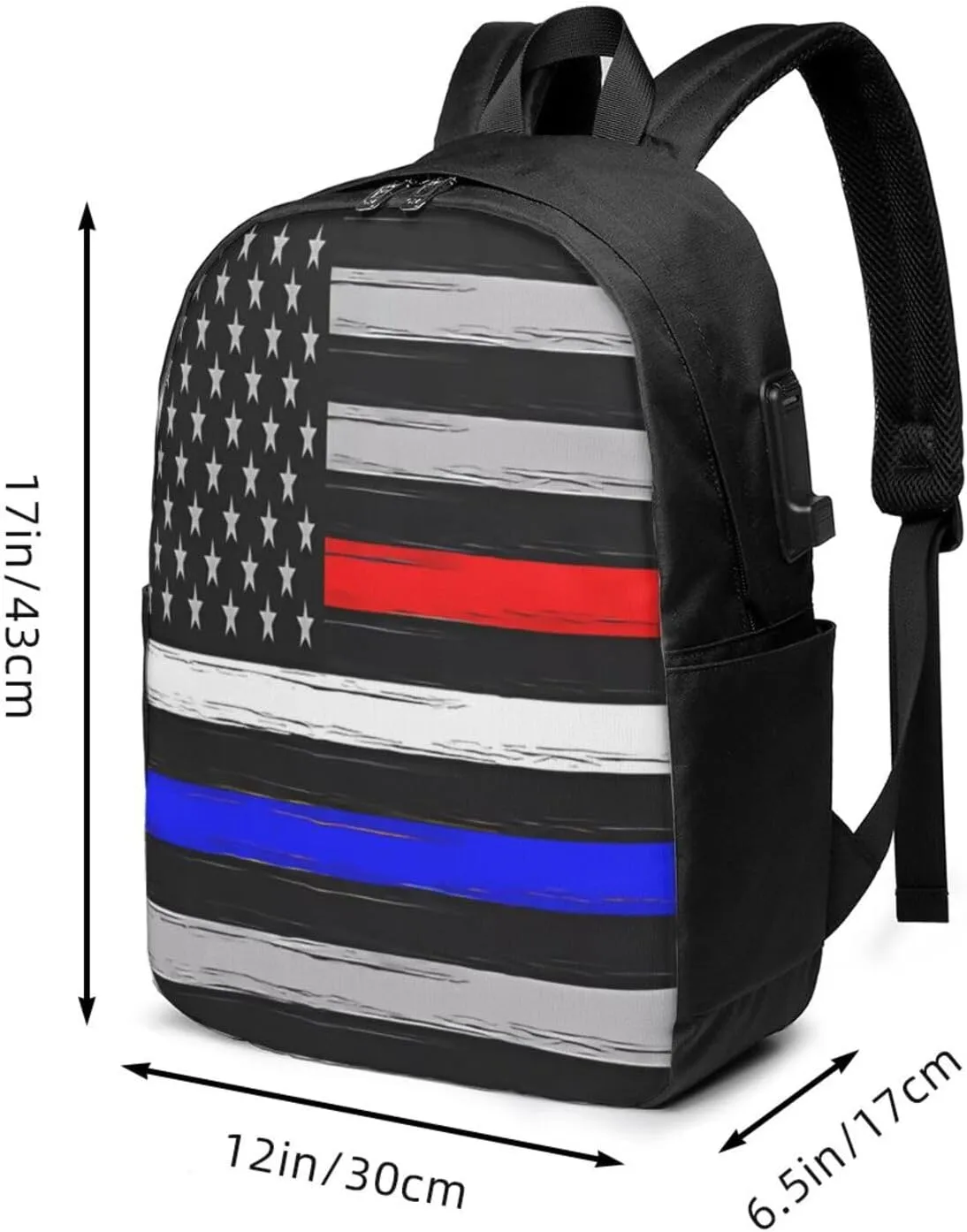 American Flag Thin Blue White Red Line Backpack 17 Inch Laptop Backpacks Outdoor Travel Rucksack Work Business Daypack with USB Port Carry On Bag for Cycling Hiking