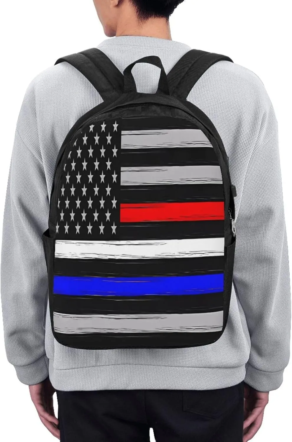 American Flag Thin Blue White Red Line Backpack 17 Inch Laptop Backpacks Outdoor Travel Rucksack Work Business Daypack with USB Port Carry On Bag for Cycling Hiking