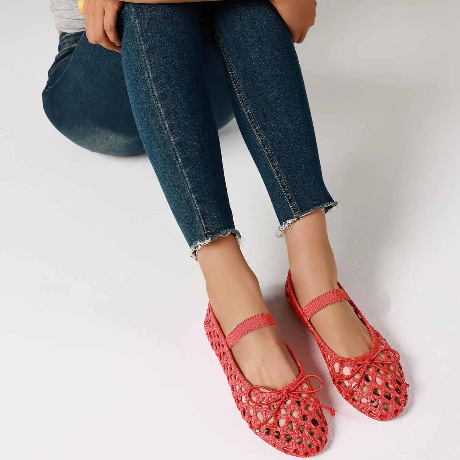 AMINUGAL Raffia Ballet Flats Shoes for Women Dressy Comfortable Woven Straw Women's Flats with Elastic Strap Mesh Flats Bows Raffia Mary Jane Flats Women Ballerina Flats for Women