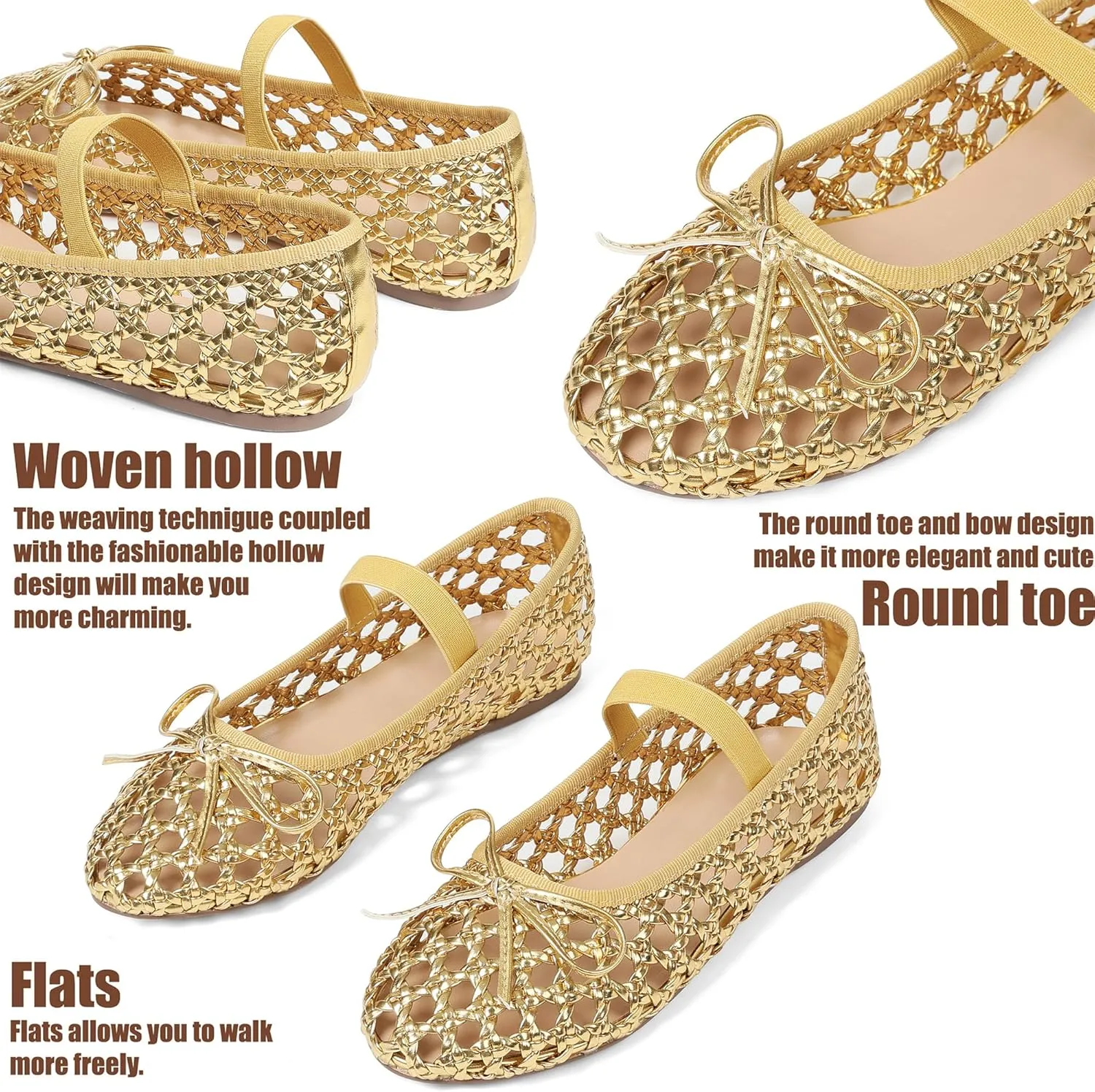 AMINUGAL Raffia Ballet Flats Shoes for Women Dressy Comfortable Woven Straw Women's Flats with Elastic Strap Mesh Flats Bows Raffia Mary Jane Flats Women Ballerina Flats for Women
