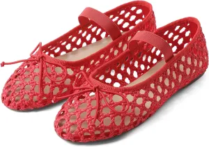 AMINUGAL Raffia Ballet Flats Shoes for Women Dressy Comfortable Woven Straw Women's Flats with Elastic Strap Mesh Flats Bows Raffia Mary Jane Flats Women Ballerina Flats for Women