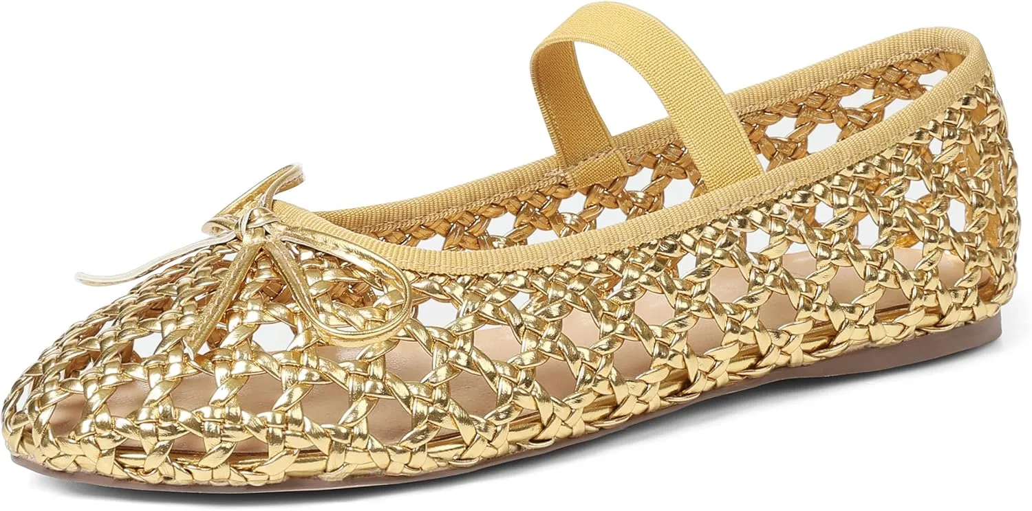 AMINUGAL Raffia Ballet Flats Shoes for Women Dressy Comfortable Woven Straw Women's Flats with Elastic Strap Mesh Flats Bows Raffia Mary Jane Flats Women Ballerina Flats for Women